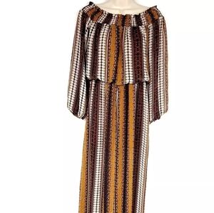 Aakaa Jumpsuit Womens Large Brown Stripe Off The Shoulder  3/4 Sleeve Wide Leg